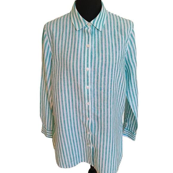 Tommy Bahama Coastalina Cabana Stripe Womens Linen Button Front Tunic Top Small - Picture 1 of 15